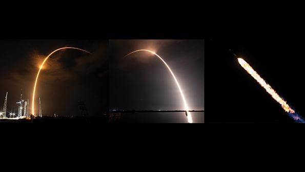 three side-by-side images of SpaceX night launches