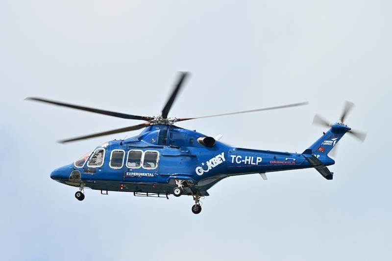 A Turkish Aerospace T-625 Gokbey helicopter performs a flight demonstration at this year's Farnborough Airshow.