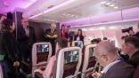 Virgin Atlantic CEO Shai Weiss speaking with reporters onboard a Virgin Atlantic Airbus A330-900 on display at the airshow.